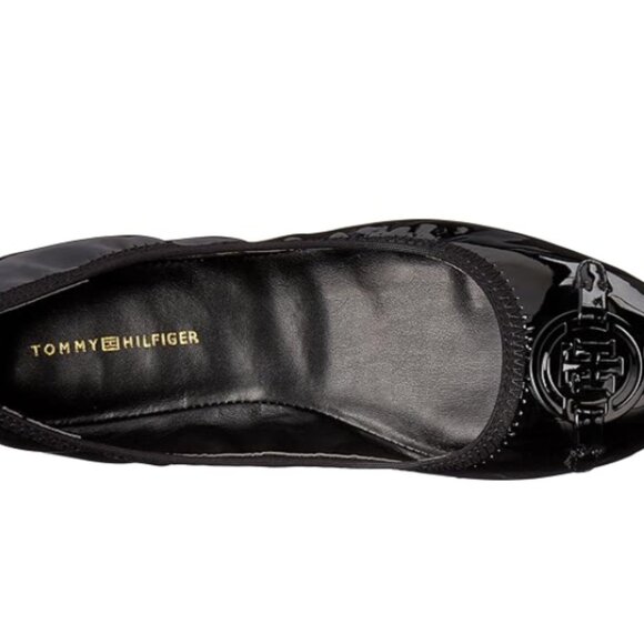Brand New Women's Tommy Hilfiger Carmon Black Patent Leather Logo Ballet Flats - Picture 6 of 11
